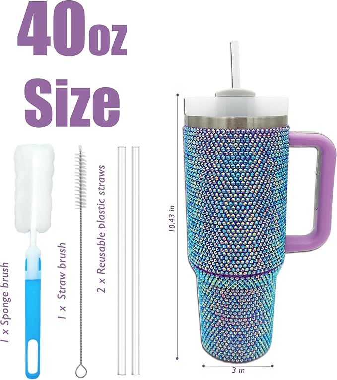 40oz Bling Tumbler with Handle and Straw Lid Rhinestone Studded Tumbler Cups Vacuum Insulated Stainless Steel Double Wall Water Bottle Travel Mug Gifts for Women Her (Purple)