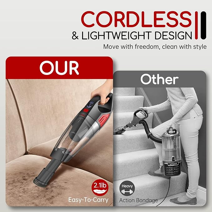 ATONEP Handheld Vacuum Cordless, 9000PA Hand Held Car Vacuum Cleaner Rechargeable, 3 in 1 Portable Hand Vacuum with LED Light & USB Charge Portable Car Vacuum Cleaner Filter for Home Office, Car, Pets