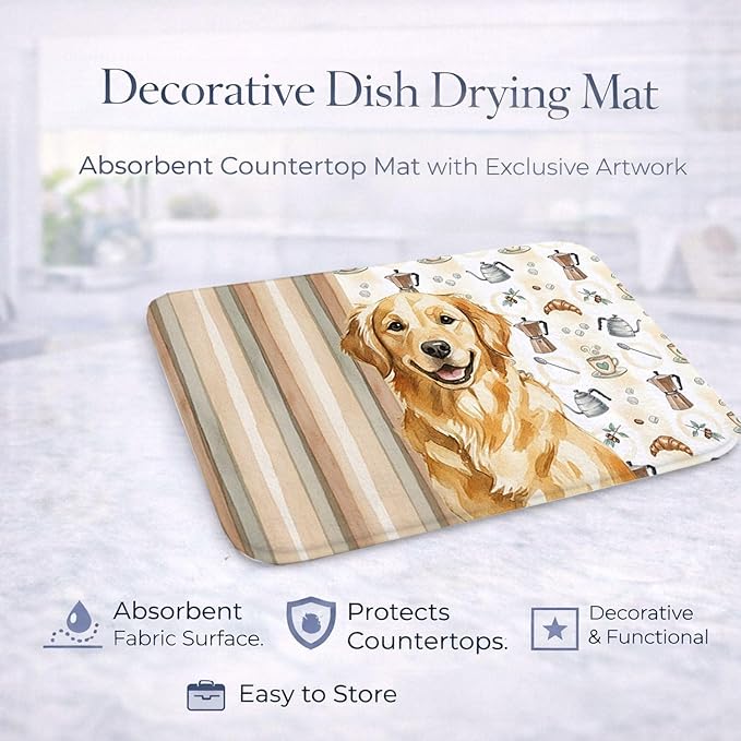 Caroline's Treasures Golden Retriever Coffee Bar Dish Drying Mat Absorbent Dish Drying Mat Pad for Kitchen Counter Dish Drainer Mat for Countertop, 14 x 21", Multicolor