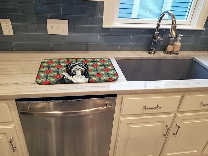 Caroline's Treasures Black Bearded Collie Christmas PoinsettIas Dish Drying Mat Absorbent Dish Drying Mat Pad for Kitchen Counter Dish Drainer Mat for Countertop, 14 x 21", Multicolor