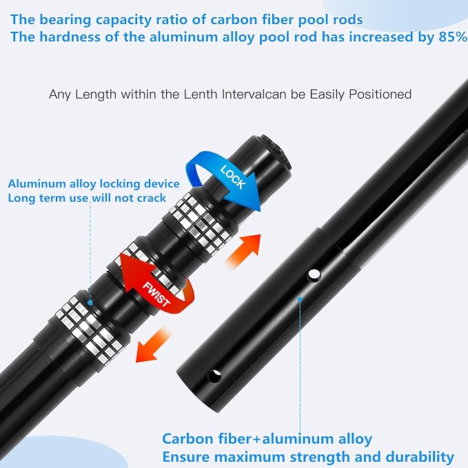 Swimming Pool Pole Carbon Fiber，Pool Skimmer Pole Telescopic Swimming，Pool Cleaning Pole, Advanced Adjustable Telescopic Pole, Used for Skimming nets, Brushes, Vacuum Heads (12Feet)