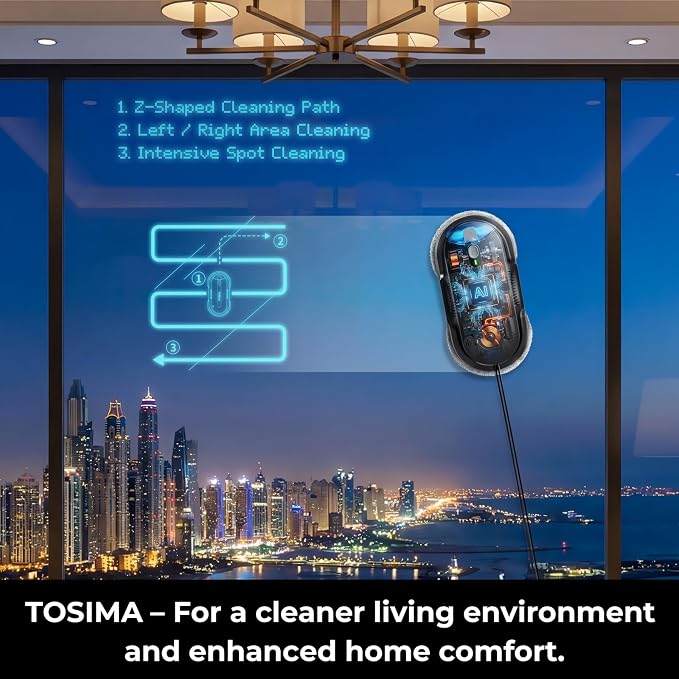 Tosima X1 Window Cleaning Robot, 6400Pa Max Adaptive Suction, Dual Auto-Spray Smart Window Cleaner with Smart Navigation, Remote Control and Triple Safety, Anti-Drop, for All Smooth Surfaces, Black