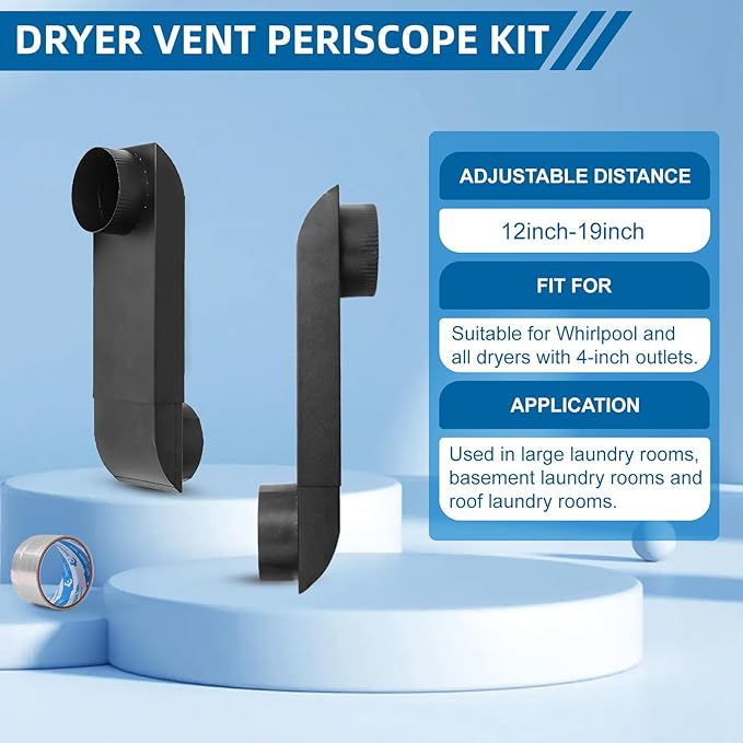OEM Periscope Dryer Vent Kit Adjustable Telescoping 4 Inch Stainless Steel Low Profile Duct (12"-19"), Space Saving In-Wall Installation, Slim Magnetic Adapter Fits Whirlpool & All 4" Outlet Dryers