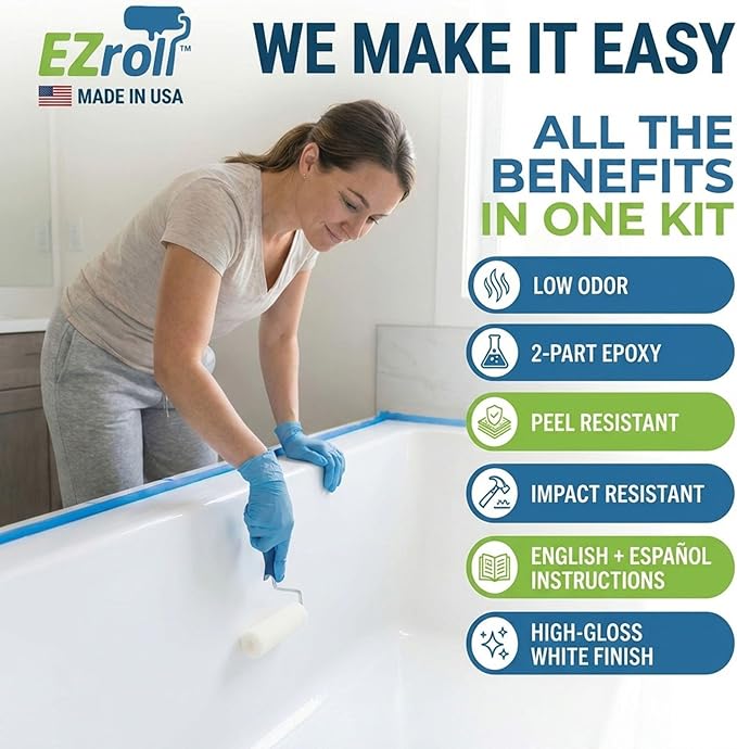 Bathtub Refinishing Kit, Tub and Tile Paint, White Low Odor Bath Paint, Long-Lasting Durable Tub Paint Kit for All Bathtubs, Tiles, Sinks and Showers, Easy Roll-On DIY Tub Coating, Made in USA