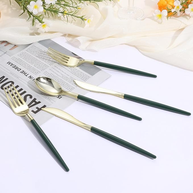 Goodluck 90 PCS Green Gold Plastic Silverware Set for 30 Guests,30 Knives, 30 Forks and30 Spoons, Food-grade material free of BPA, Gold Plastic Cutlery Ideal for Weddings, Birthdays, Graduation