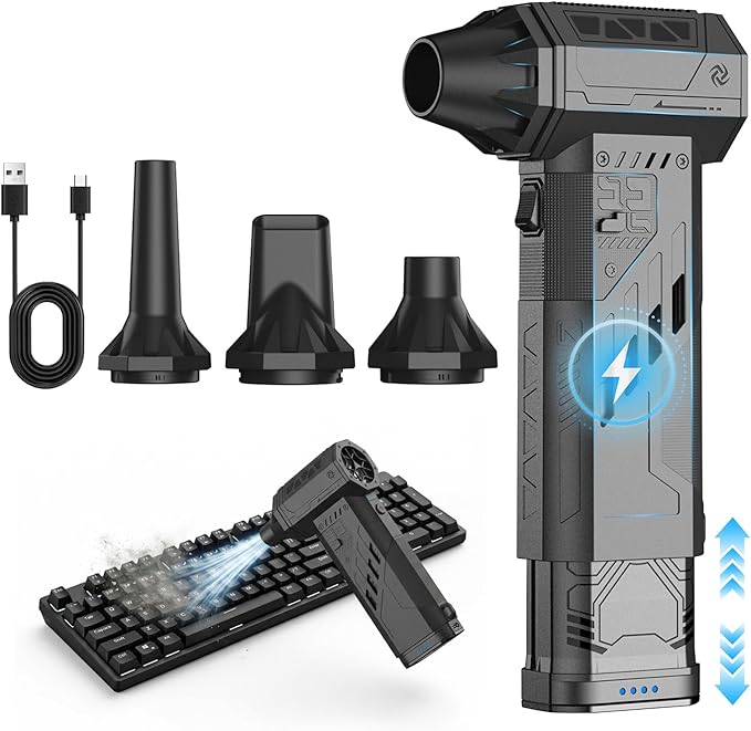 Compressed Air Duster with Removable Battery,Hurricane-Force Electric Air Duster with Brushless Motor,Mini Air Blower,3 Gear Adjustable Cordless soplador de aire,4 Nozzles for PC,Keyboard,Car,Home