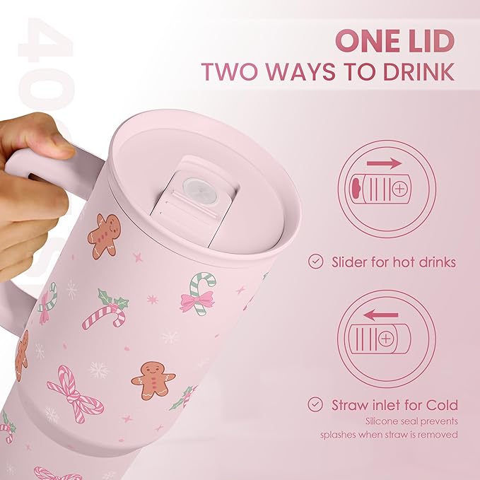 SANDJEST Christmas Theme 40oz Slider Tumbler with Handle and Straw - Insulated Stainless Steel Travel Coffee Mug for Women Girls, Gift for Birthday Xmas