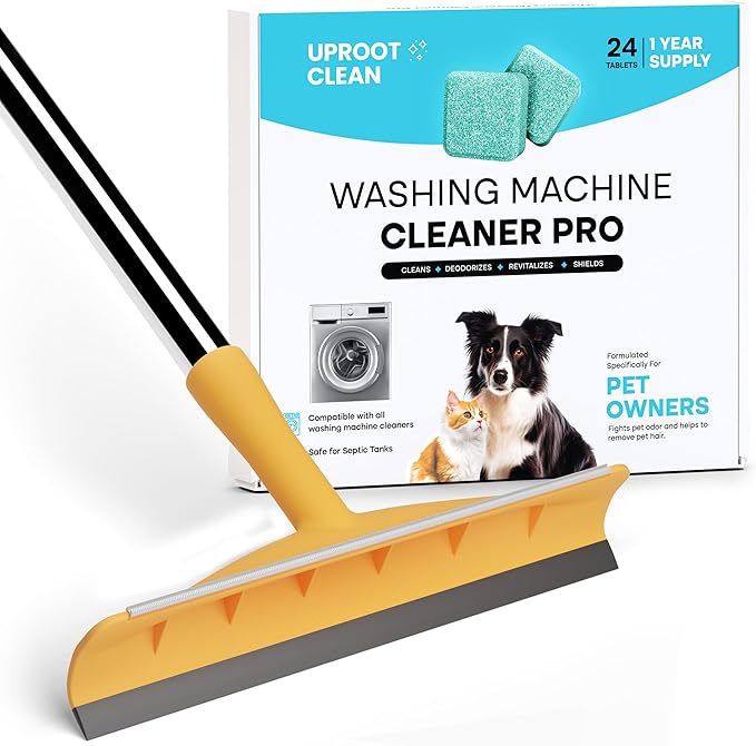 Uproot Clean Washing Machine Cleaner Tablets 24-Pack + Fursprint Xtra Pet Hair Removal Tool Bundle, HE/Top/Front Load Compatible Tabs, Help Remove Odor & Reusable Fur Scraper for Carpets & Cars
