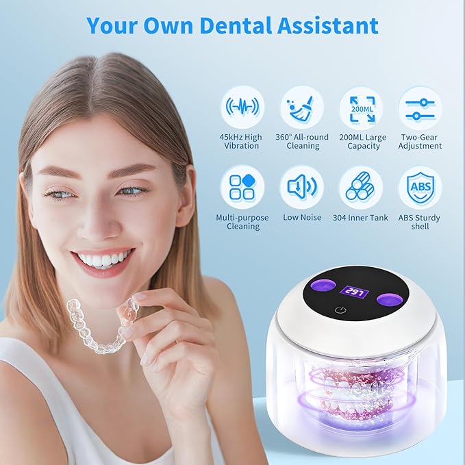 Ultrasonic Retainer Cleaner Machine, 45kHz Dental Ultrasonic Cleaner for Denture, Mouth Guard, Aligner, Braces, Toothbrush Heads, Jewelry, 5 Modes Cleaning, Digital Timer & 200ML Capacity