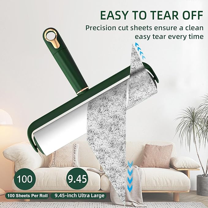 Large Lint Rollers for Pet Hair Extra Sticky, 400 Sheets Roller Refills with Long Handle, 9.45" Giant Lint Roller for Floors, Furniture, and Pet Owners (Green)