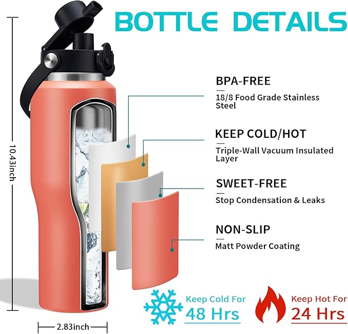 32 oz Insulated Water Bottle - Cold 48H & Hot 24H, Leak-Proof T-shpaed Metal Flask with Carry Strap, Protective Boot, BPA Free Vacuum Hydro 32 Ounce Thermal Cup for Adults Men Women