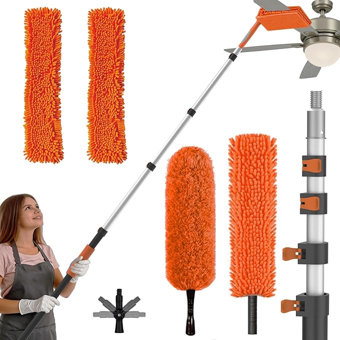 SISIUPASSIE 36FT Reach Ceiling Fan Cleaner Duster, Ceiling Fan Blade Cleaner with Extension Pole, Washable & Replaceable Microfiber Feather Duster Kits