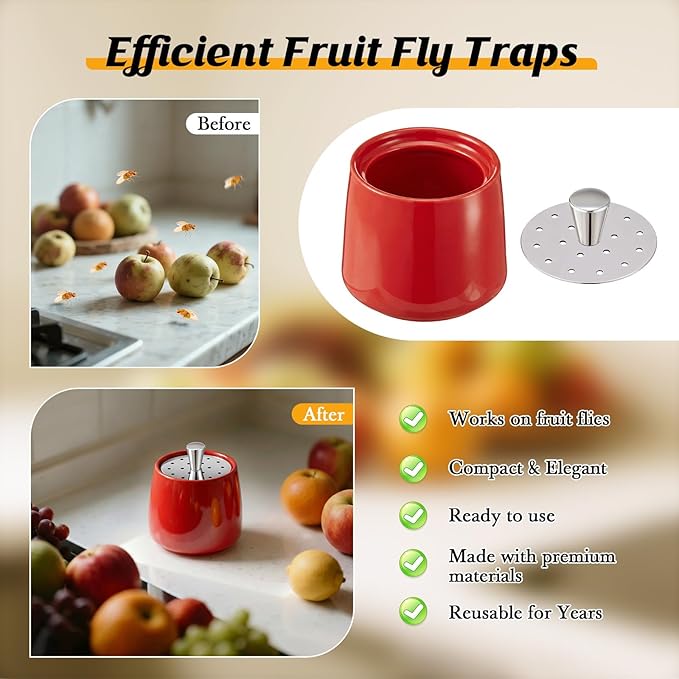 Ceramic Fruit Fly Trap for Indoors, Reusable Kitchen Fly Catcher with Stainless Steel Vent Lid, Uses Safe & Natural Vinegar Bait Trap, Dishwasher Safe, Easy to Use(Red,1 Pack)