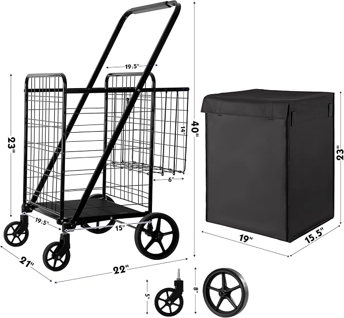 BIEAMA Folding Shopping Cart with Waterproof Liner, Grocery Cart 400 Lb | Utility Cart with Large Bag, Top Cover, 360 Rolling Swivel Wheels, Extra Basket