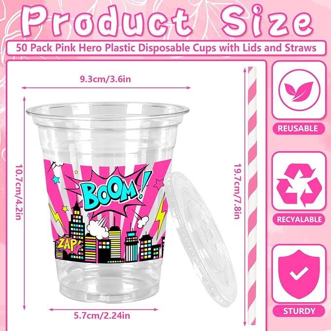 FYSUIMU 50Pcs 12Oz Pink Hero Themed Plastic Cups with Lids & Straws Skyline Super Girly Building Disposable Clear Drinking Cups for Birthday Baby Shower Party Supplies