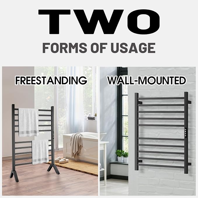 Poloma Wall Mounted & Freestanding Towel Warmer Rack for Bathrooms, Electric Heated Towel Rack Heater, Stainless Steel, Matt Black. CSA Certified.