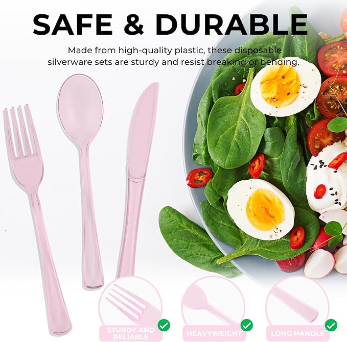 150 PCS Plastic Silverware Disposable Silverware Heavy Duty Utensil Sets 50 Of Each Forks Knives & Spoons Disposable Cutlery Set For Easter,Birthday,Baby Shower,Garden Party,Wedding(150,Pink)