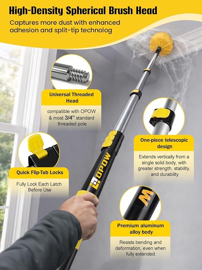 6-24 Feet Telescopic Pole with Cobweb Duster, Opow 32 Ft Reach Extension Pole with 2 Washable Cleaning Spider Web Brush Kit Duster Heads and Universal Joint Angle Adaptor for Outdoor & Indoor Cleaning