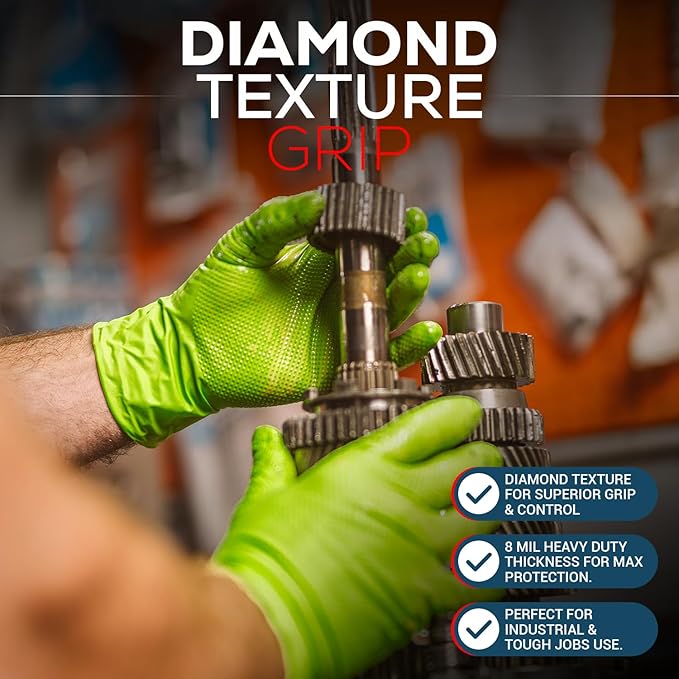 First Glove Heavy Duty Diamond Textured 8 Mil Thick Green Nitrile Gloves - Industrial Nitrile Gloves - Latex-Free