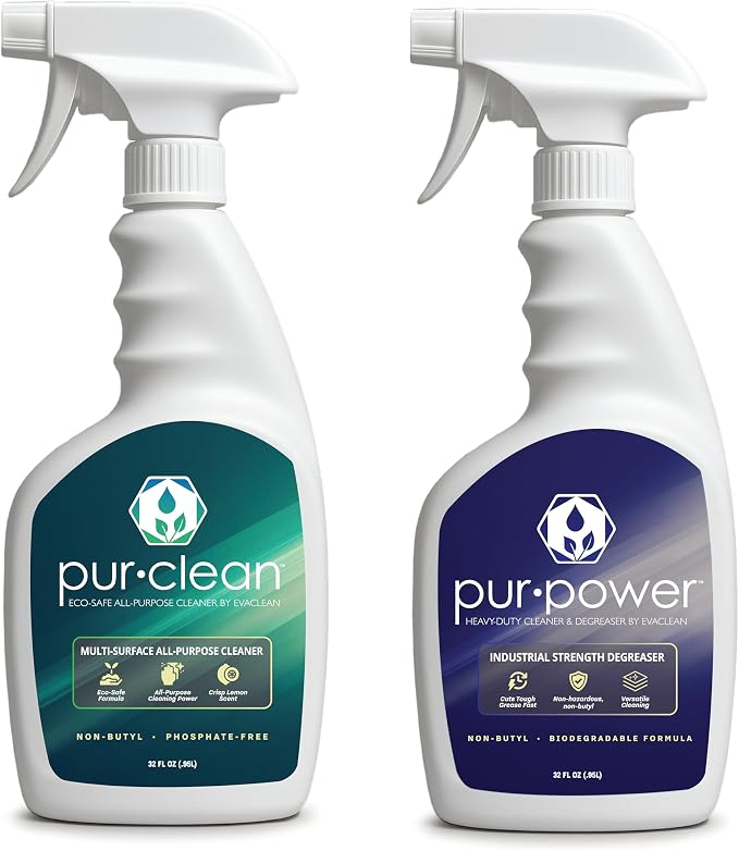 EvaClean PurClean & PurPower – Ready to Use, 1 All Purpose Cleaner & 1 Heavy Duty Degreaser, 32 FL Oz. Each, Biodegradable, Non-Butyl, Multi-Surface Cleaning & Degreasing for Facilities & Industry