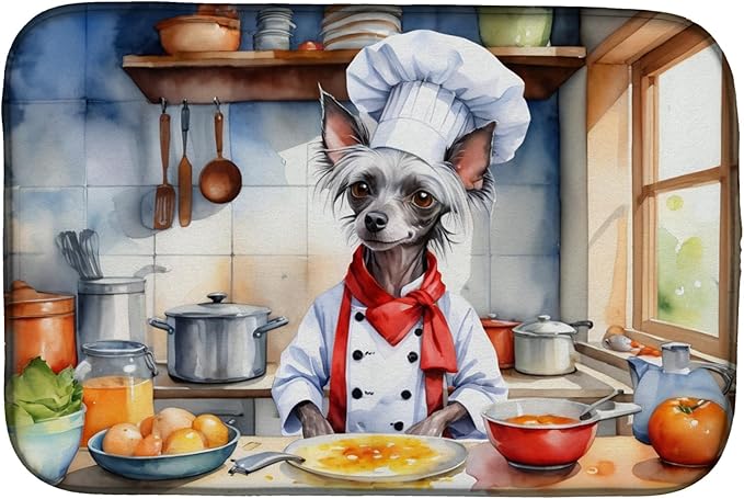 Caroline's Treasures DAC6231DDM Chinese Crested The Chef Dish Drying Mat Absorbent Dish Drying Mat Pad for Kitchen Counter Dish Drainer Mat for Countertop, 14 x 21", Multicolor