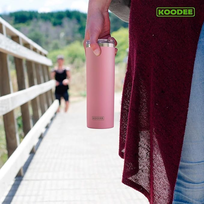 koodee 20 oz Skinny Tumbler (2 Pack) Stainless Steel Double Wall Insulated Water Cup with Straw, Slim Travel mug for Women Diy Birthday Gift (Baby Pink-White)