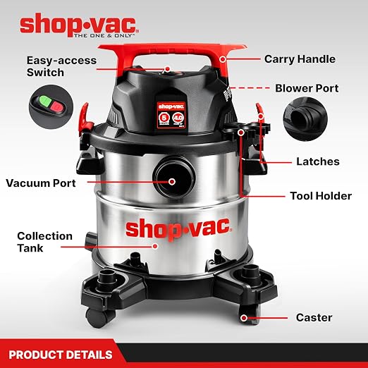 Shop-Vac 5430162 Wet/Dry Vacuum, 5 Gallon, 4 Peak HP, 1-1/4 Inch Diameter x 7 Foot Hose, 6 Foot Cord, Ideal for Jobsite, Garage, Workshop & Home