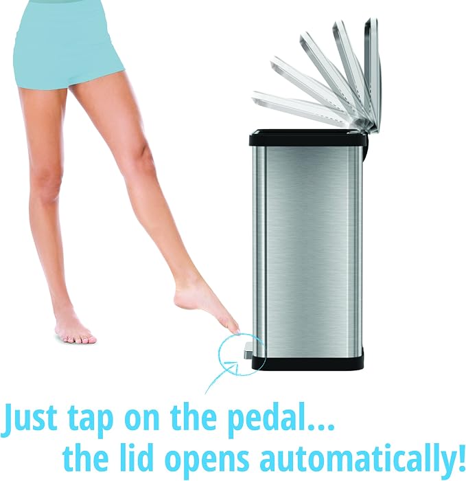 Halo TapCan 13 Gallon Effortless Trash Can with One-Tap Pedal Sensor and Odor Control System and AC Adapter-Stainless Steel with Black Trim
