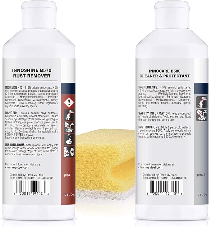 CLEAN MY STEEL Stainless Steel Rust Remover and Protector Kit, NSF Certified, 17 oz, Includes B570 Rust Remover, B580 Cleaner and Protector, Sponge and Gloves
