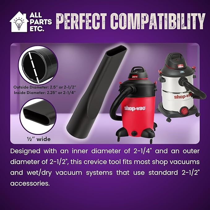 1 Pack 2-1/2" Crevice Tool for Shop Vac Long Reach Vacuum Attachment for Wet/Dry Vacuums, Shop Vacuum, Workshop, Craftsman, Ridgid, Vacmaster and More