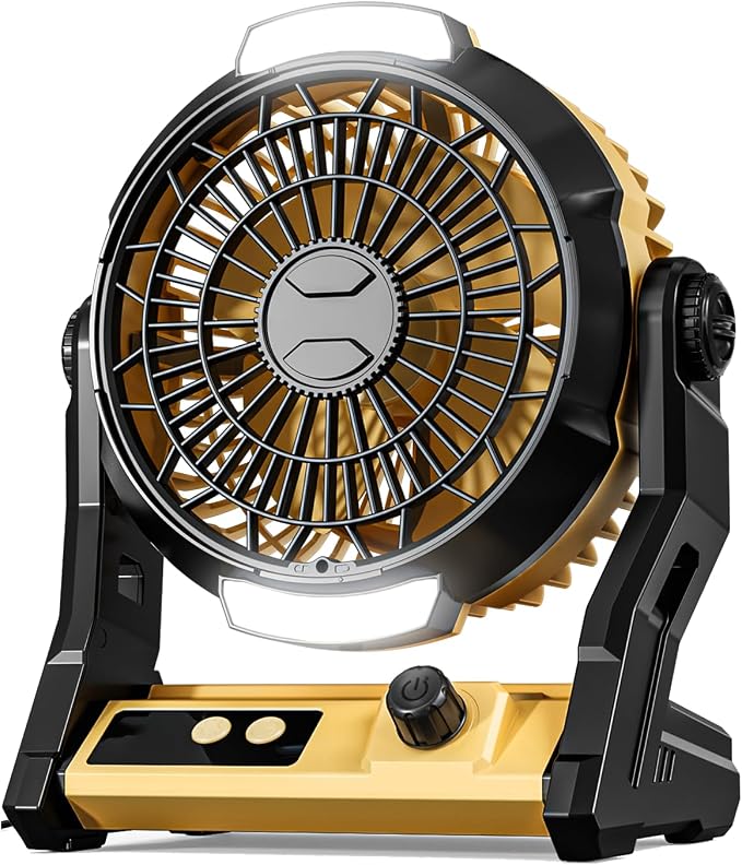 Antarctic Star Portable Camping Fan for Tent, 10000mAh Battery Operated Fan with Night Light, Stepless Speed USB Desk Fan, Quiet Personal Portable Fan with 8H Timer, Hanging Hook for Outdoor, Yellow