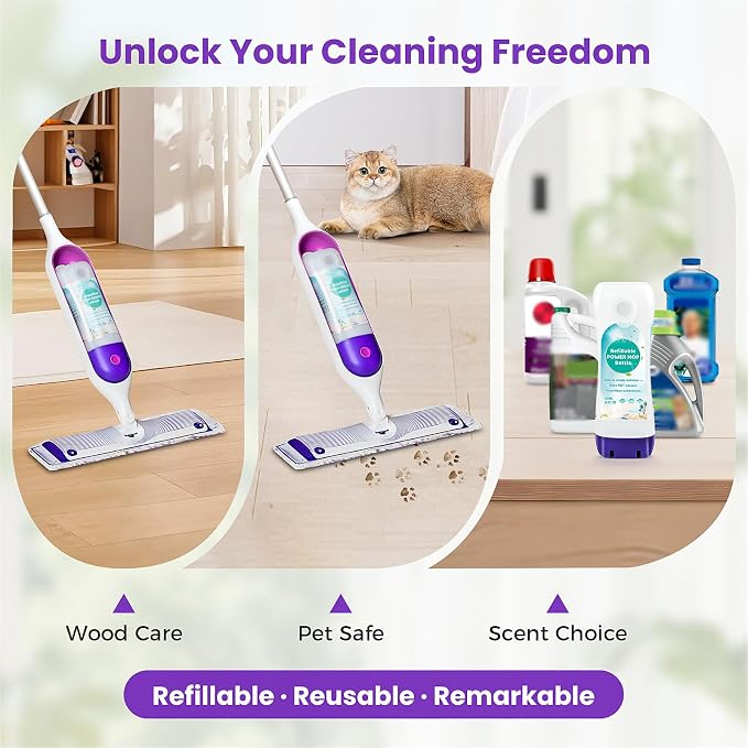 Refillable Bottle for Swiffer® Power Mop™ - 720 ML/24 FL OZ - Leak-Proof HDPE Material Solution Bottle, 2 Empty Bottle + 14 Silicone Pads + 1 Funnel, Easy Install for Use with Any Cleaning Solution