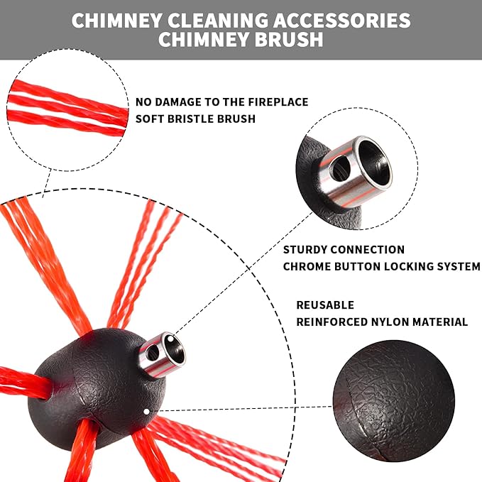 Bluesea 1 Piece Chimney Sweep Brush, Chimney Cleaning Kit Accessories with Hex Key and Adapter for Electric Drill, Durable Nylon Brush for Fireplace Flue Use.