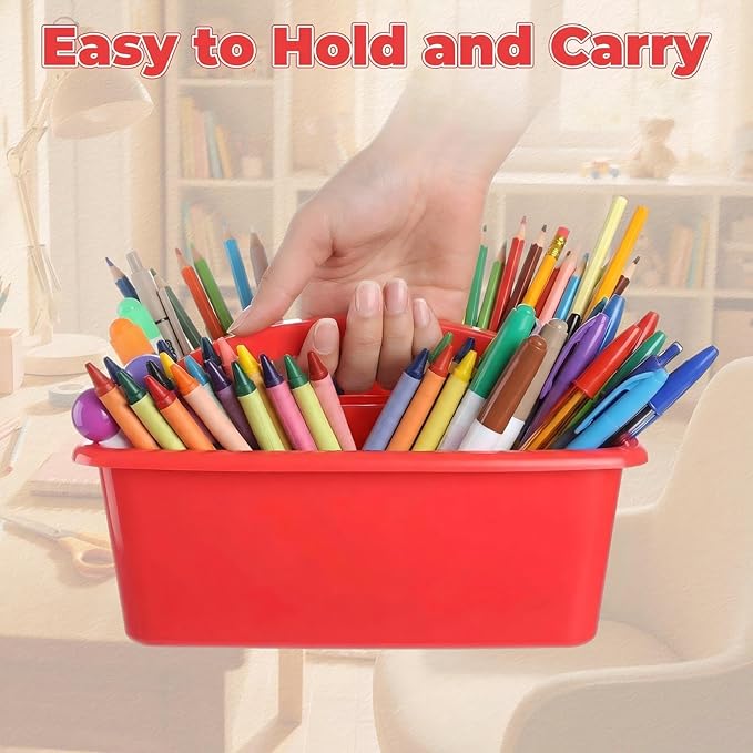 Kathfly 8 Pack Caddy Organizer with Handle, Stackable Organization Storage, Small Plastic Basket Classroom Caddy for Table Desk Office Pencil Kids Room Craft Art Teacher School Supplies (Blue Red)