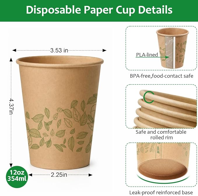 12 oz 100 Count Compostable Paper Cups, Plant-Based Disposable Coffee Cups with PLA Lining, Perfect for Hot & Cold Drinks, Coffee, Party, Office & Daily Use