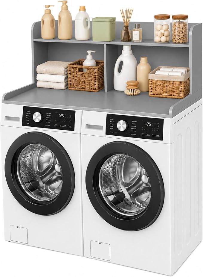 Royxen Washer Dryer Countertop with Extra Tall Shelf, 19" Height Washer and Dryer Topper, Laundry Countertop with Non-Slip Pads, Universal Fit for Laundry Room Organization, Grey