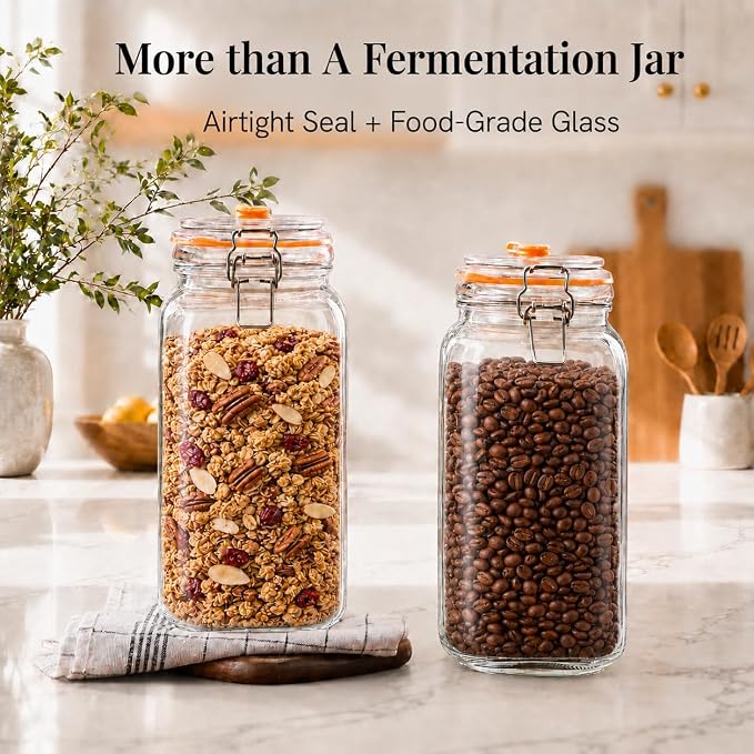 2L Wide Mouth Fermentation Jars, Pack of 2 Complete Fermenting Kit with Airlocks & Glass Weights for Sauerkraut, Kimchi & Pickles