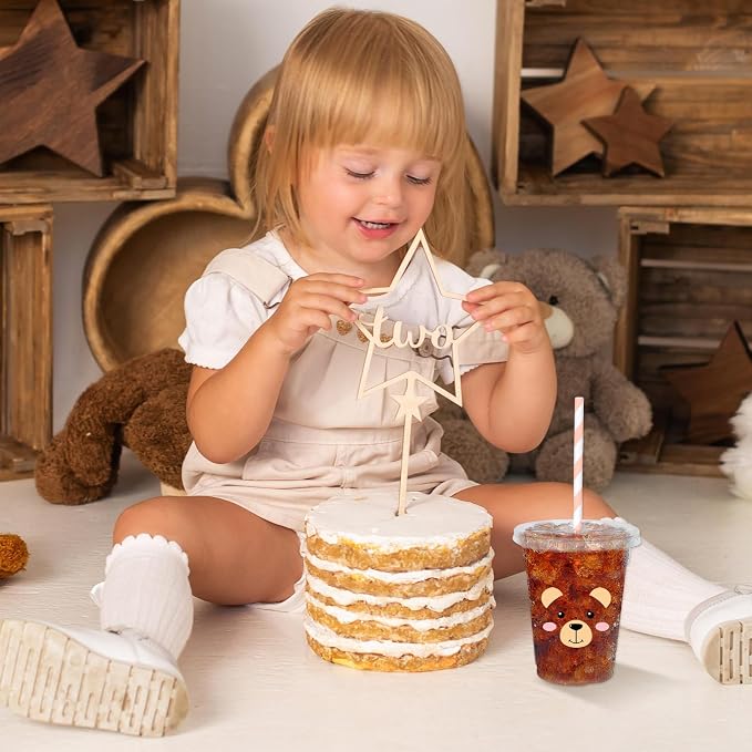 Whaline 50 Pcs 12 Oz Bear Disposable Plastic Cups with Lids and Straws Funny Bear Face Cold Beverage Drinking Cups for Birthday Baby Shower Party Supplies