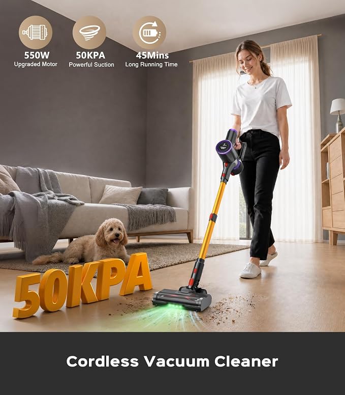 Cordless Stick Vacuum Cleaner: 550W 50KPA 45Mins with Powerful Suction, Self-Standing Lightweight Wireless Rechargeable Handheld Vacuum with Touch Screen for Home Pet Hair/Carpets/Floors