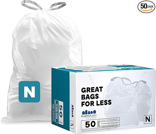 Plasticplace Custom Fit Trash Bags, Compatible with simplehuman Code N (50 Count) White Drawstring Garbage Liners 12-13 Gallon / 45-50 Liters, 22.5" x 31.5"