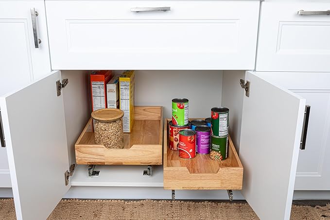 Household Essentials Glidez Steel and Wood Pull-Out/Slide-Out Storage Organizer for Under Cabinet Use - 1-Tier Design - Fits Standard Size Cabinet or Shelf, Brushed Nickel and Natural