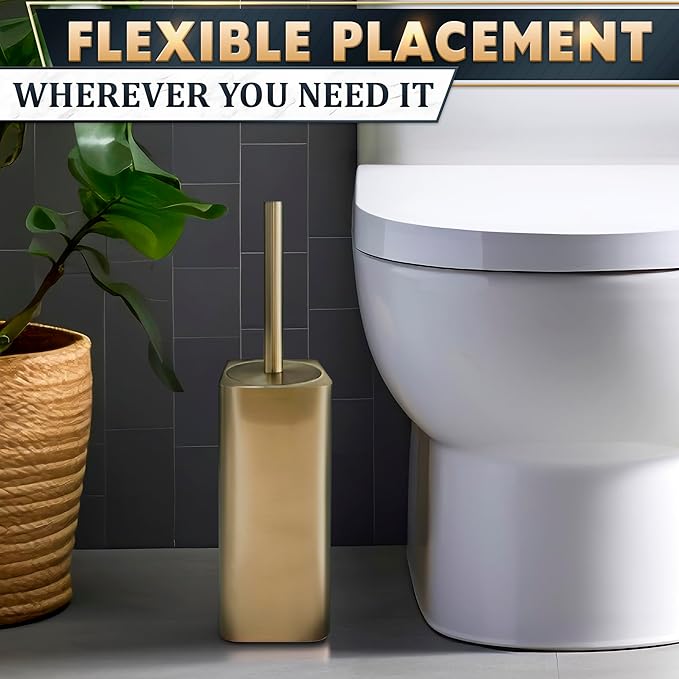 Gold Toilet Brush and Holder Set - Instantly Elevate Your Bathroom Style - Stainless Steel Toilet Bowl Brush and Holder with 2 Rounded Corners, Replaceable Head, Removable Inner Bowl & Splash Guard