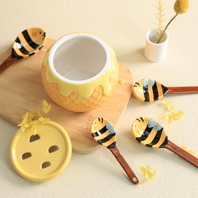 Sizikato 4pcs Porcelain Measuring Spoons with Base, Cute Ceramic Bee Spoons and Honeycomb Cup