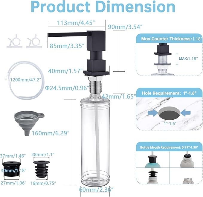 Soap Dispenser Square Built in Sinkwith 47'' Long Tube, Matte Black Brass Pump Head for Kitchen Sink with 17 oz Bottle