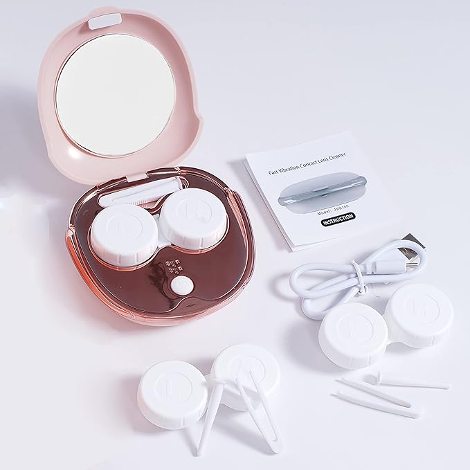 Contact Lens Cleaner Machine, Portable Ultrasonic Cleaning with USB Charger Mirror Tweezers Remover Tool Replaceable Contact Lens Case for Daily Outdoor (Pink)