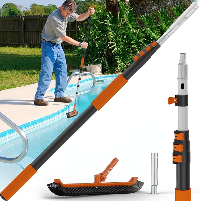 Buyplus 16FT Telescoping Pool Pole with Brush, Heavy Duty Reinforced Aluminum Telescopic Pole Adjusts 4-16 Feet, Includes 19" Swimming Pool Brush Head, Universal Fit for Skimmer Net, Vacuum Head