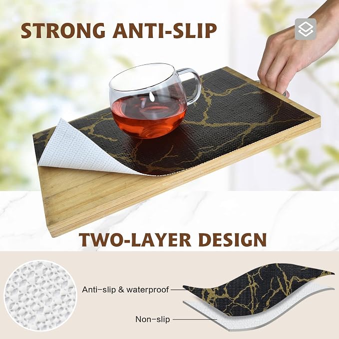 2-Layer Drawer and Shelf Liner for Kitchen Cabinet: 23.6in X 30Ft Non Slip Waterproof Shelf Paper Non Adhesive Refrigerator Liners Black/Gold Marble Easy Liners for Bathroom with Knife Tape Measure