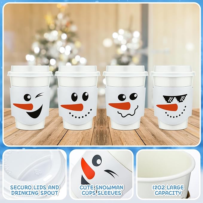 Ziliny 100 Pack 12 oz Christmas Disposable Paper Cups with Lids and Coffee Cup Sleeves Xmas Chocolate Cups Holiday Coffee Cups Snowman Paper Cups for Hot Cold Drinks Beverage Party Supplies