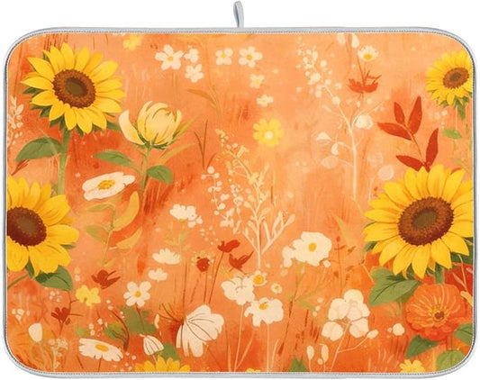 Large Dish Drying Mat Microfiber Drying Mat for Sink Kitchen Counter Yellow Sunflower Cornflower Poppy Absorbent Dish Rack Mat Drying Pad 18 x 24 Inches