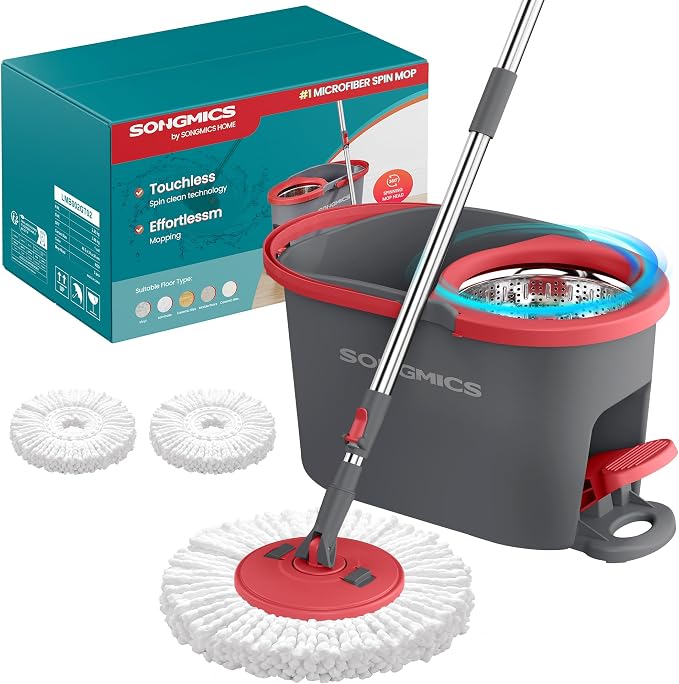 SONGMICS Spin Mop and Bucket Set with Pedal Wringer, Floor Cleaning Mop, Adjustable Telescopic Handle, Max. 59.1-Inch Length, 360° Rotating Head, 2 Microfiber Pads, Gray and Red ULMB002GT02